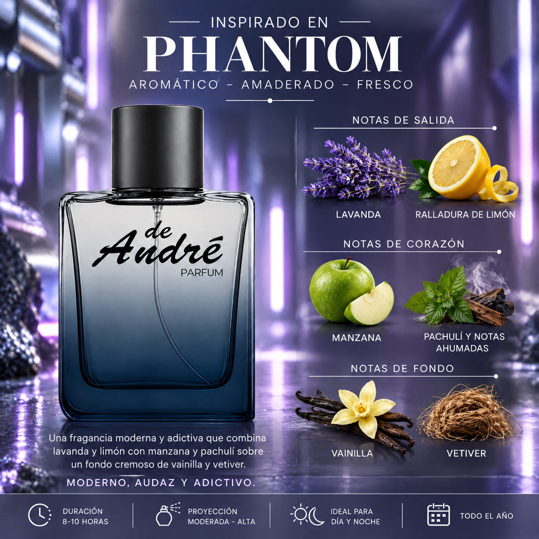 Notas olfativas del perfume inspirado en Phantom: lavanda, ralladura de limón, manzana, pachulí, notas ahumadas, vainilla y vetiver