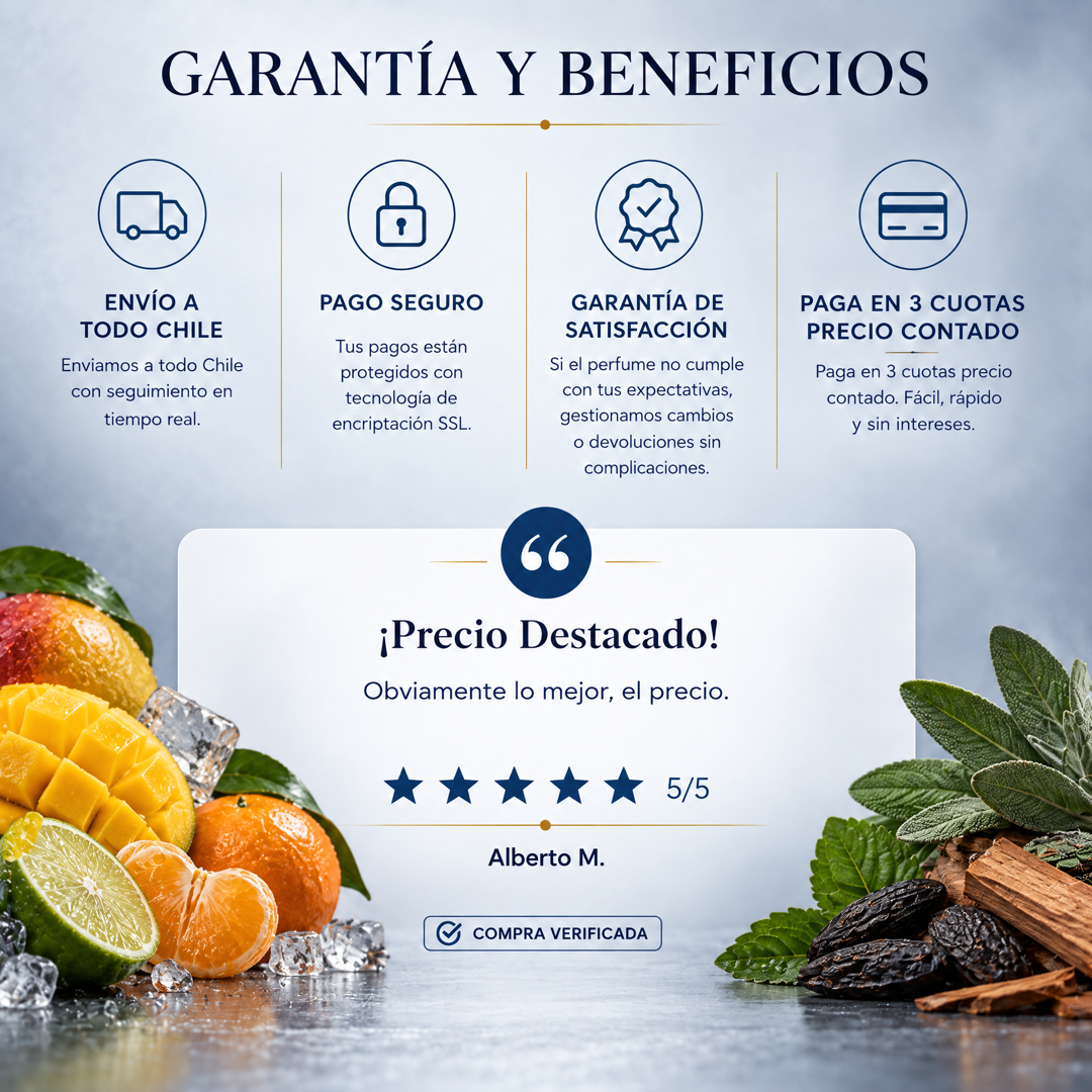 Garantía y beneficios con reseña de cliente, perfume inspirado en Polo Black