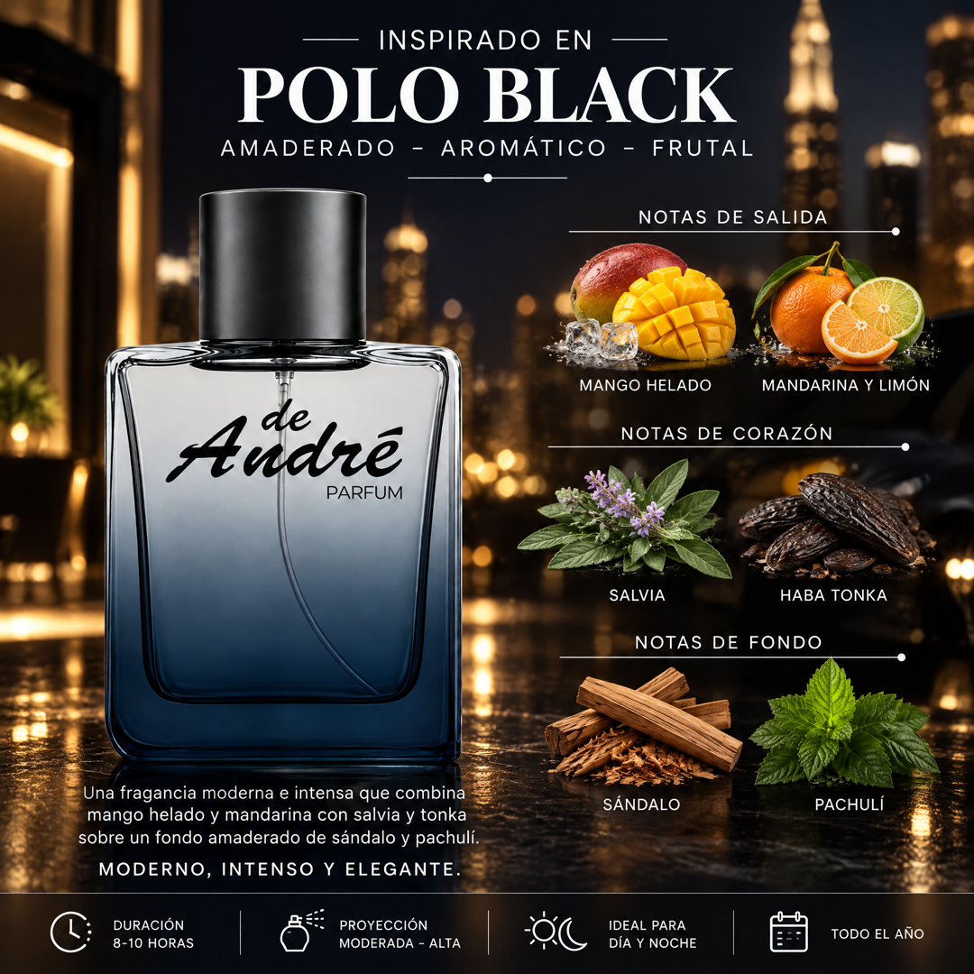 Notas olfativas del perfume inspirado en Polo Black: mango helado, mandarina, limón, salvia, haba tonka, sándalo y pachulí