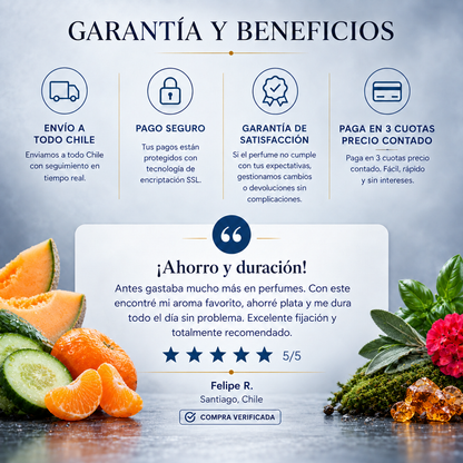 Garantía y beneficios: envío a todo Chile y pago en 3 cuotas, perfume inspirado en Polo Blue