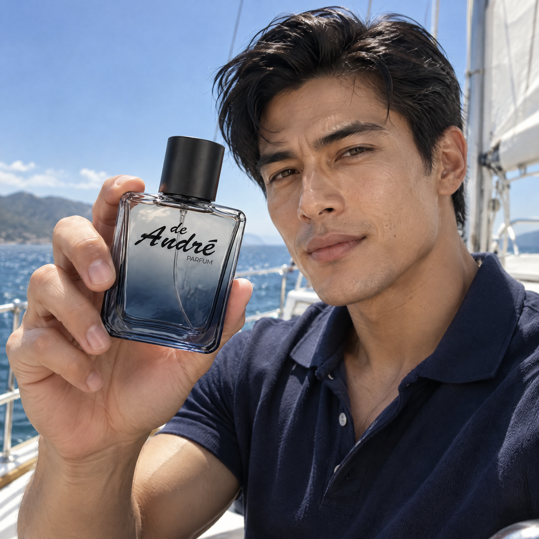 Hombre en un velero bajo el cielo azul con el perfume inspirado en Polo Blue de Perfumes Inferno