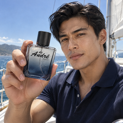 Hombre en un velero bajo el cielo azul con el perfume inspirado en Polo Blue de Perfumes Inferno