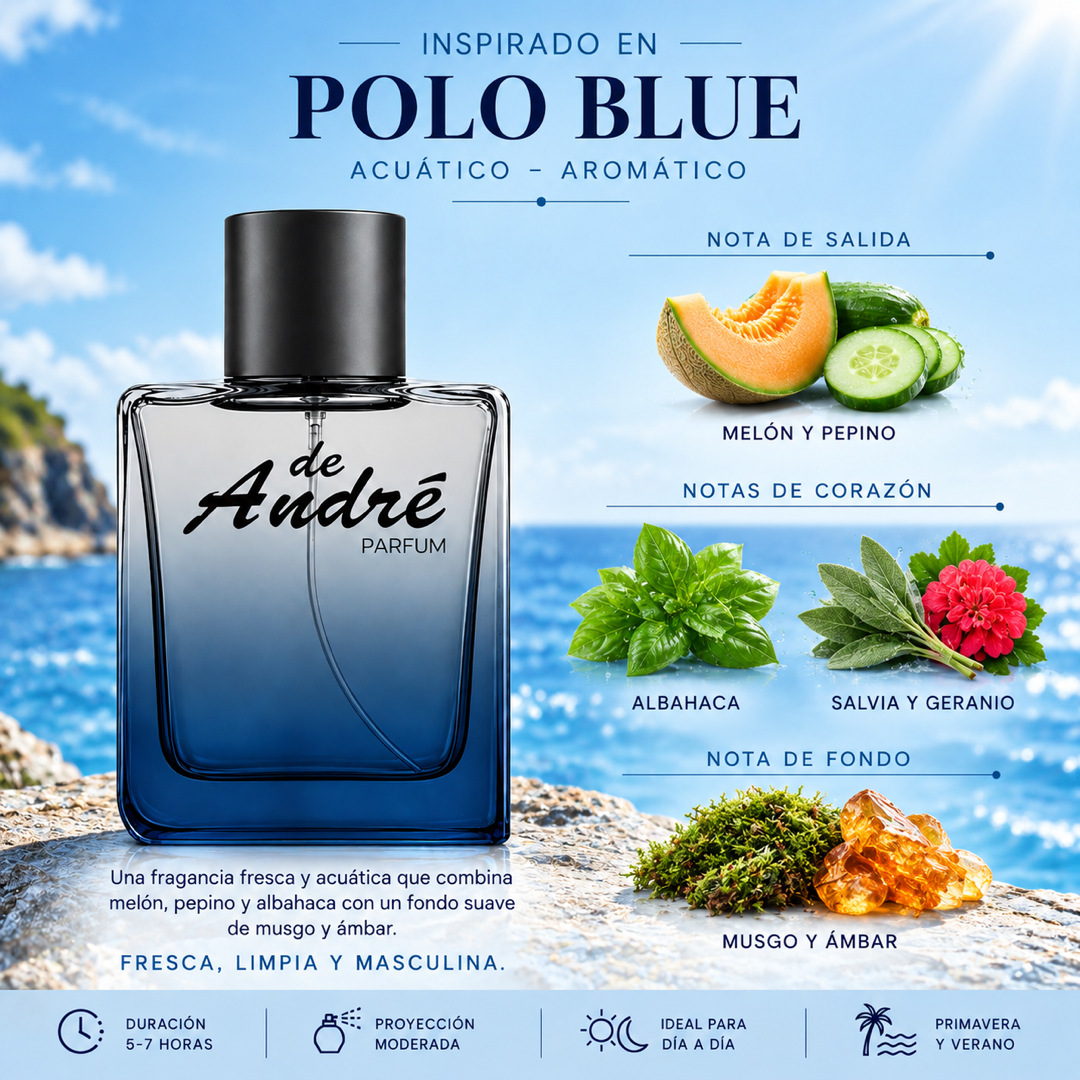 Notas olfativas del perfume inspirado en Polo Blue: melón, pepino, albahaca, salvia, geranio, musgo y ámbar