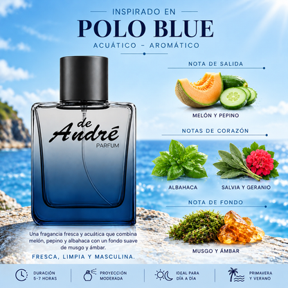 Notas olfativas del perfume inspirado en Polo Blue: melón, pepino, albahaca, salvia, geranio, musgo y ámbar