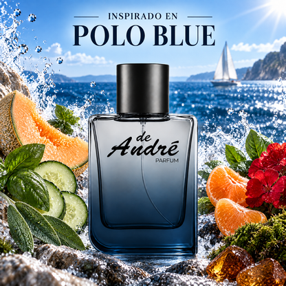 Perfume de hombre inspirado en Polo Blue con melón, pepino, albahaca y mar azul
