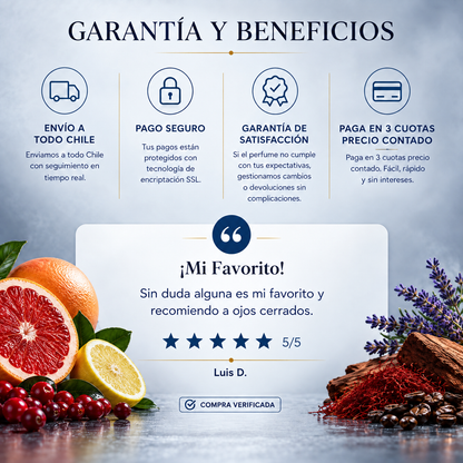 Garantía y beneficios con reseña de cliente, perfume inspirado en Polo Red
