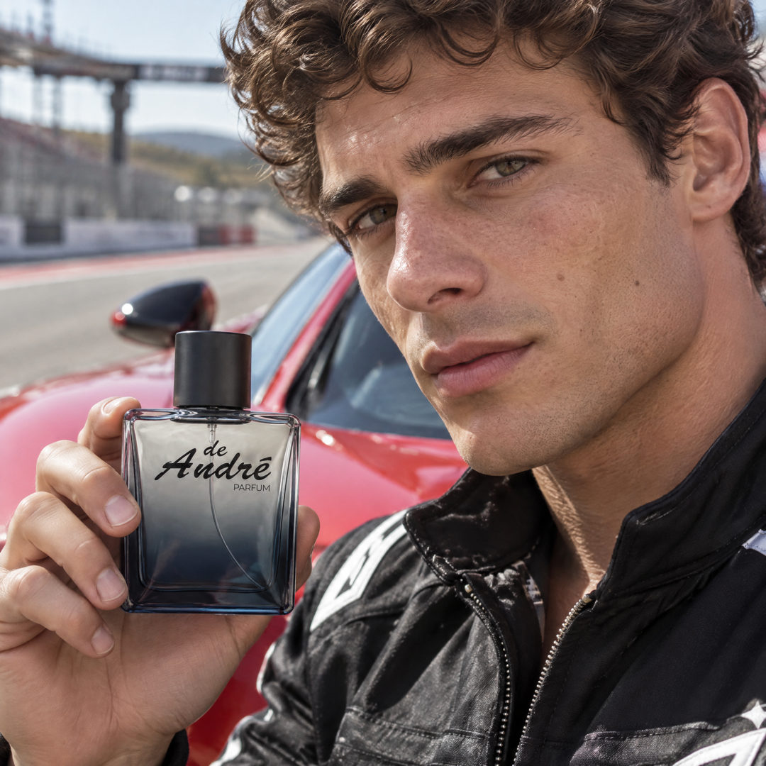 Hombre junto a un auto deportivo rojo con el perfume inspirado en Polo Red de Perfumes Inferno