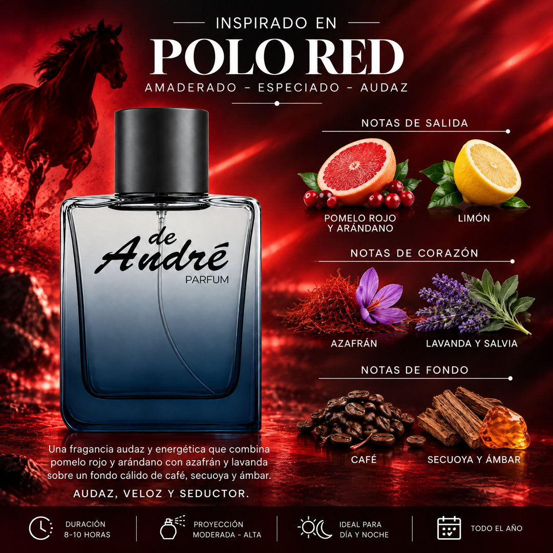 Notas olfativas del perfume inspirado en Polo Red: pomelo rojo, arándano, limón, azafrán, lavanda, salvia, café, secuoya y ámbar