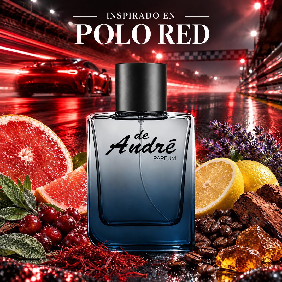 Perfume de hombre inspirado en Polo Red con pomelo rojo, arándano, azafrán, café y ámbar