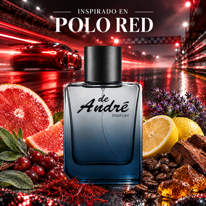 Perfume de hombre inspirado en Polo Red con pomelo rojo, arándano, azafrán, café y ámbar