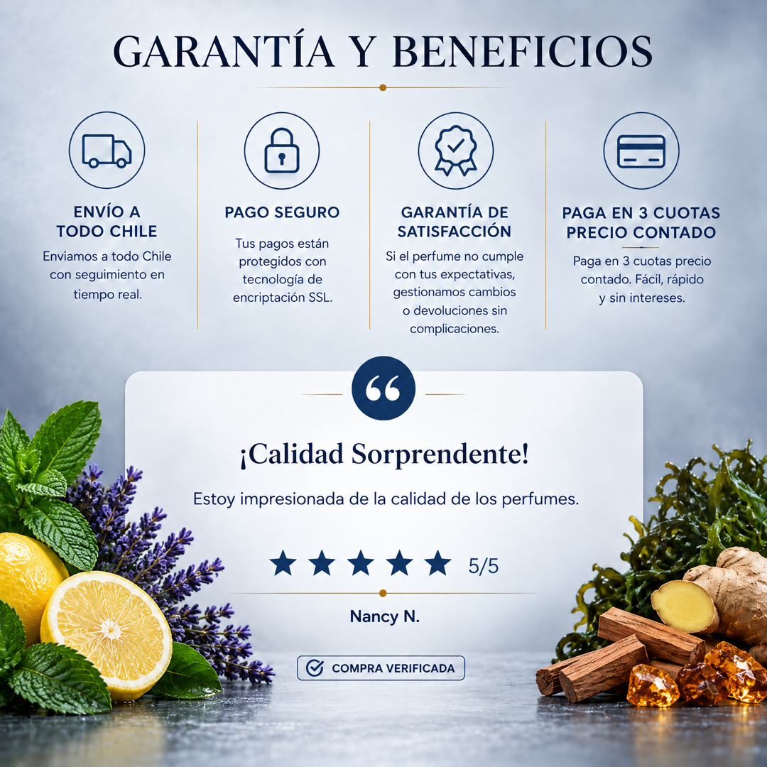 Garantía y beneficios con reseña de cliente, perfume inspirado en Polo Sport
