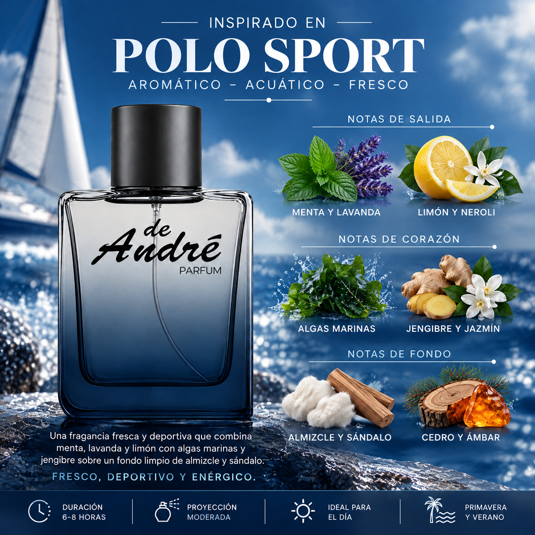 Notas olfativas del perfume inspirado en Polo Sport: menta, lavanda, limón, neroli, algas marinas, jengibre, jazmín, almizcle, sándalo, cedro y ámbar