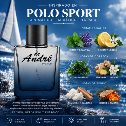Notas olfativas del perfume inspirado en Polo Sport: menta, lavanda, limón, neroli, algas marinas, jengibre, jazmín, almizcle, sándalo, cedro y ámbar
