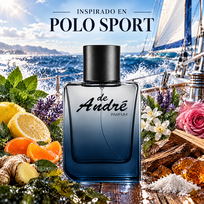 Perfume de hombre inspirado en Polo Sport con menta, lavanda, limón, algas marinas y sándalo