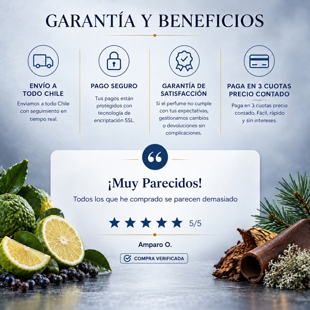 Garantía y beneficios con reseña de cliente, perfume inspirado en Quorum