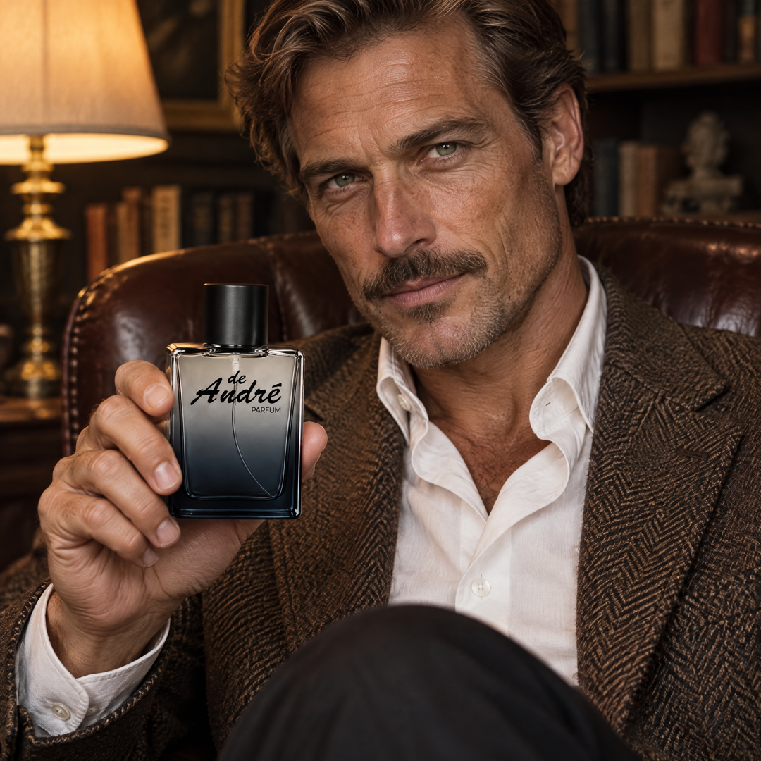 Hombre en un estudio clásico con el perfume inspirado en Quorum de Antonio Puig de Perfumes Inferno