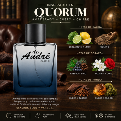 Notas olfativas del perfume inspirado en Quorum: bergamota, limón, comino, enebro, pino, jazmín, clavel, cuero, tabaco, ámbar y musgo