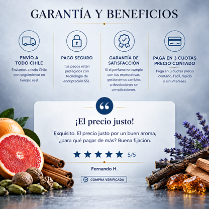 Garantía y beneficios con reseña de cliente, perfume inspirado en Sauvage Elixir
