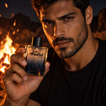 Hombre junto a una fogata en el desierto de noche sosteniendo el perfume inspirado en Sauvage Elixir de Perfumes Inferno