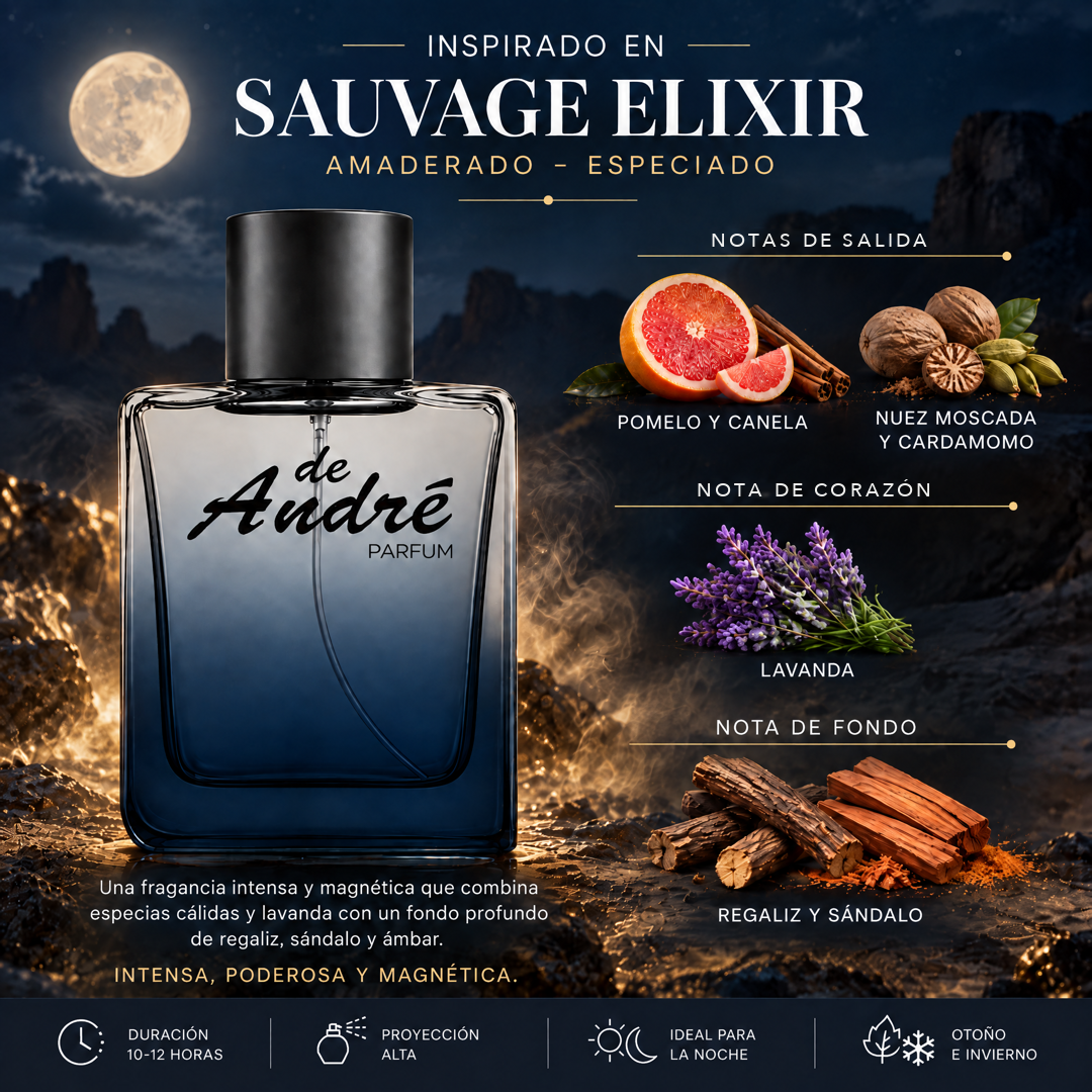 Notas olfativas del perfume inspirado en Sauvage Elixir: pomelo, canela, nuez moscada, cardamomo, lavanda, regaliz y sándalo
