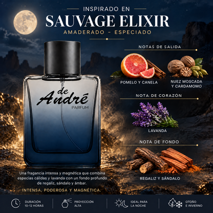 Notas olfativas del perfume inspirado en Sauvage Elixir: pomelo, canela, nuez moscada, cardamomo, lavanda, regaliz y sándalo