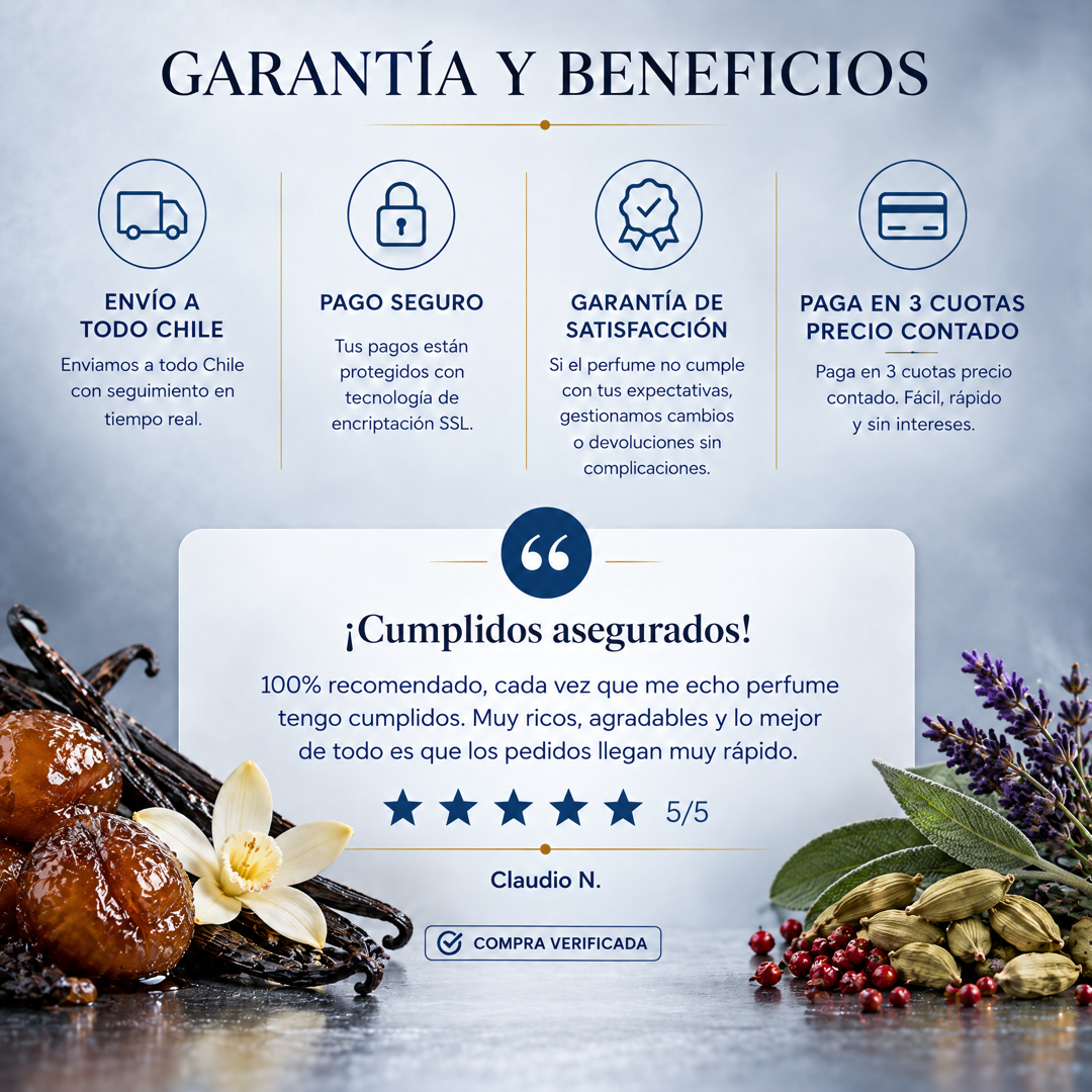 Garantía y beneficios con reseña de cliente, perfume inspirado en Stronger With You