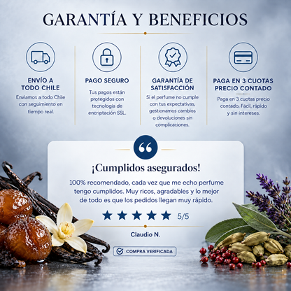 Garantía y beneficios con reseña de cliente, perfume inspirado en Stronger With You