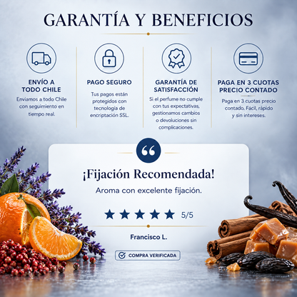 Garantía y beneficios con reseña de cliente, perfume inspirado en Stronger With You Intensely