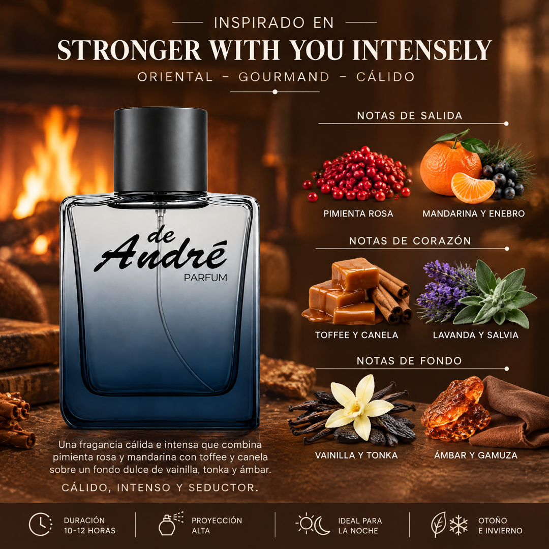 Notas olfativas del perfume inspirado en Stronger With You Intensely: pimienta rosa, mandarina, enebro, toffee, canela, lavanda, salvia, vainilla, tonka, ámbar y gamuza