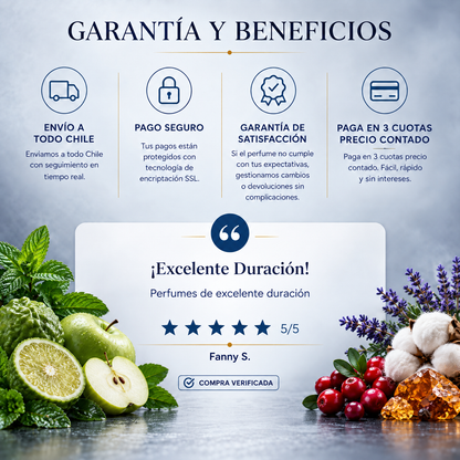 Garantía y beneficios con reseña de cliente, perfume inspirado en Tommy