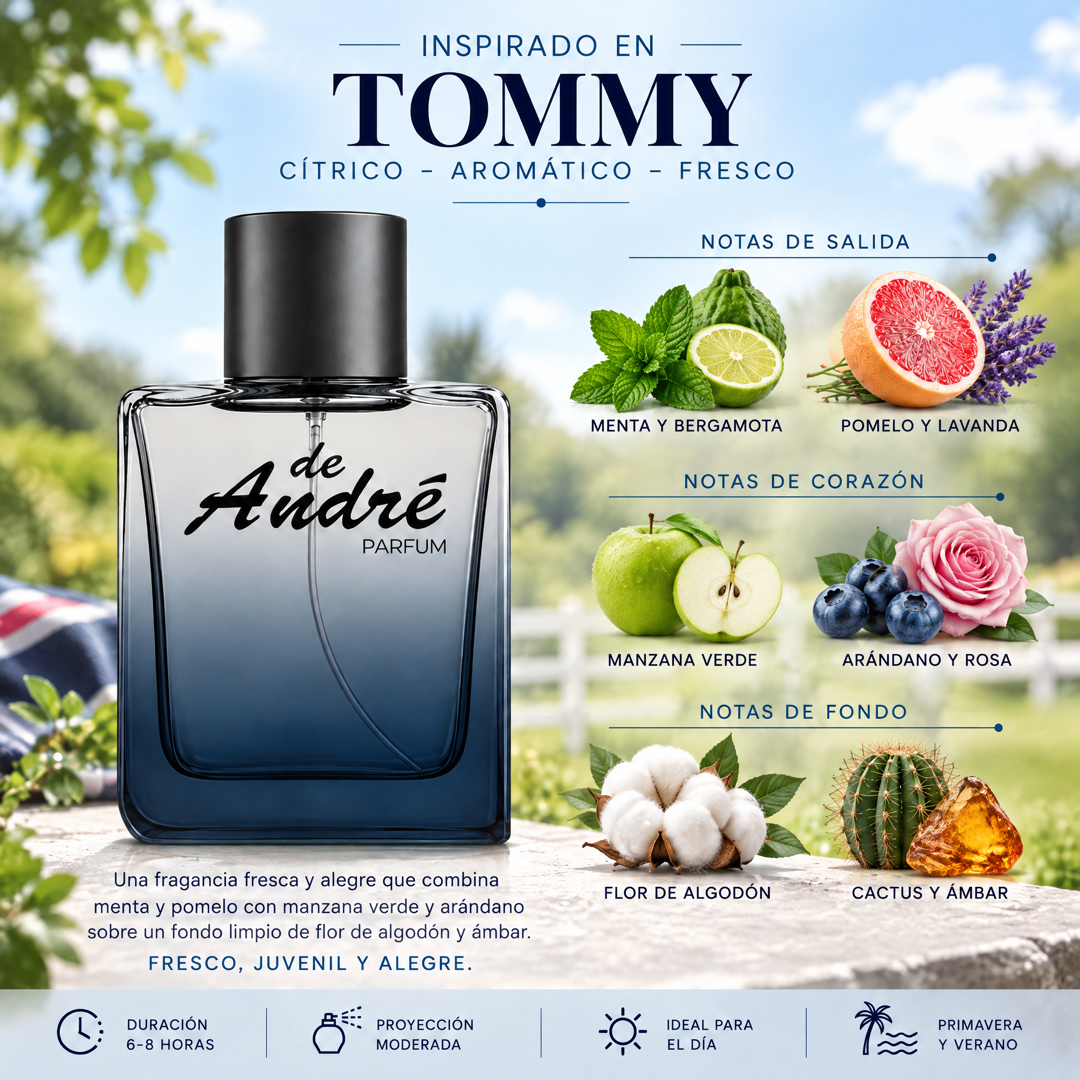 Notas olfativas del perfume inspirado en Tommy: menta, bergamota, pomelo, lavanda, manzana verde, arándano, rosa, flor de algodón, cactus y ámbar