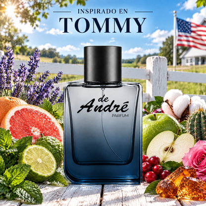 Perfume de hombre inspirado en Tommy con menta, pomelo, manzana verde, arándano y flor de algodón