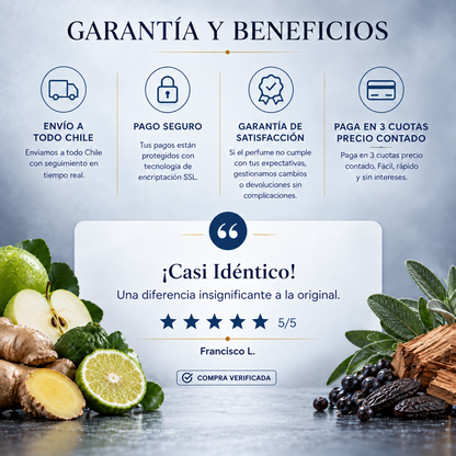 Garantía y beneficios con reseña de cliente, perfume inspirado en Y