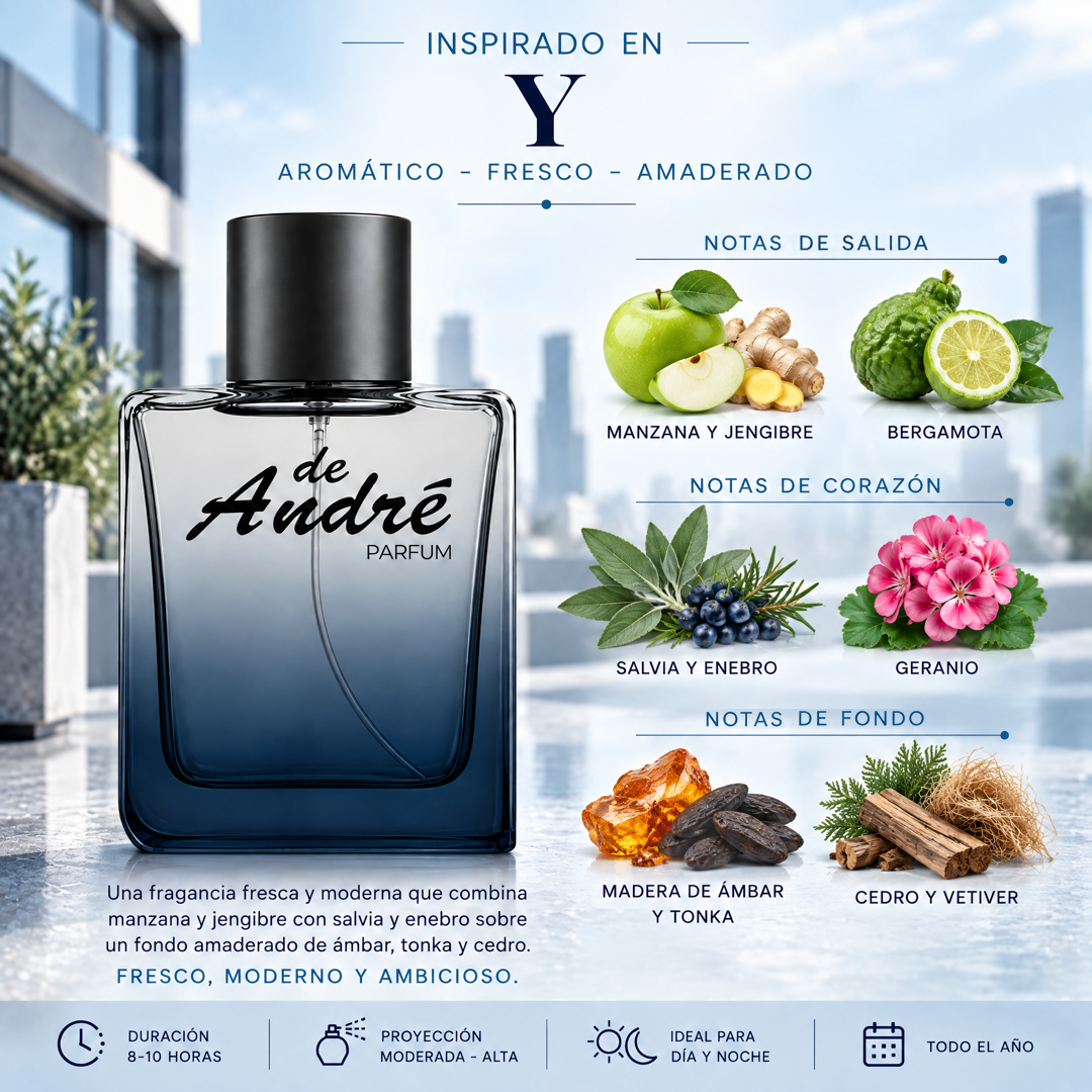 Notas olfativas del perfume inspirado en Y: manzana, jengibre, bergamota, salvia, enebro, geranio, madera de ámbar, tonka, cedro y vetiver