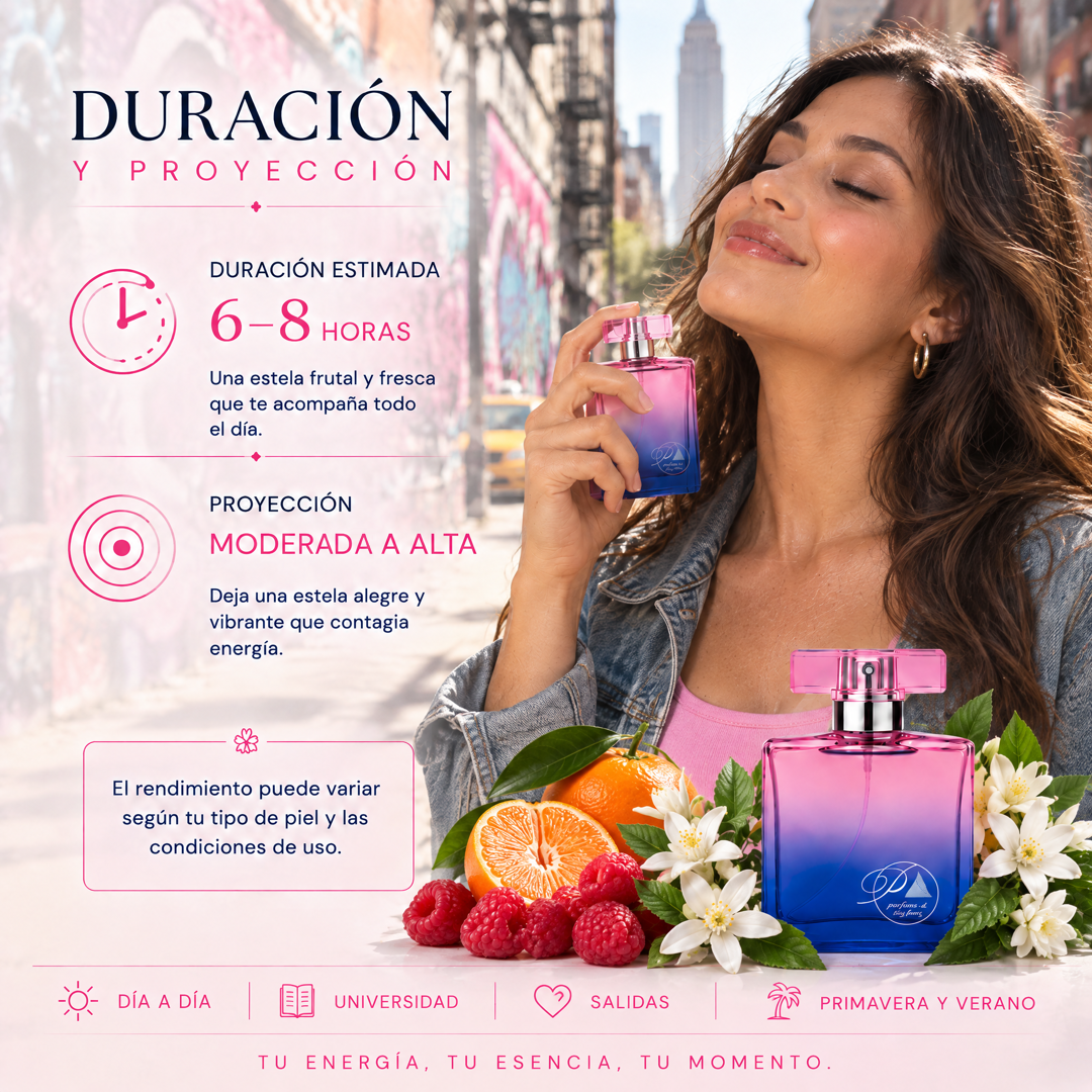 Duración de 6 a 8 horas y proyección moderada a alta del perfume de mujer inspirado en 212 Heroes for Her