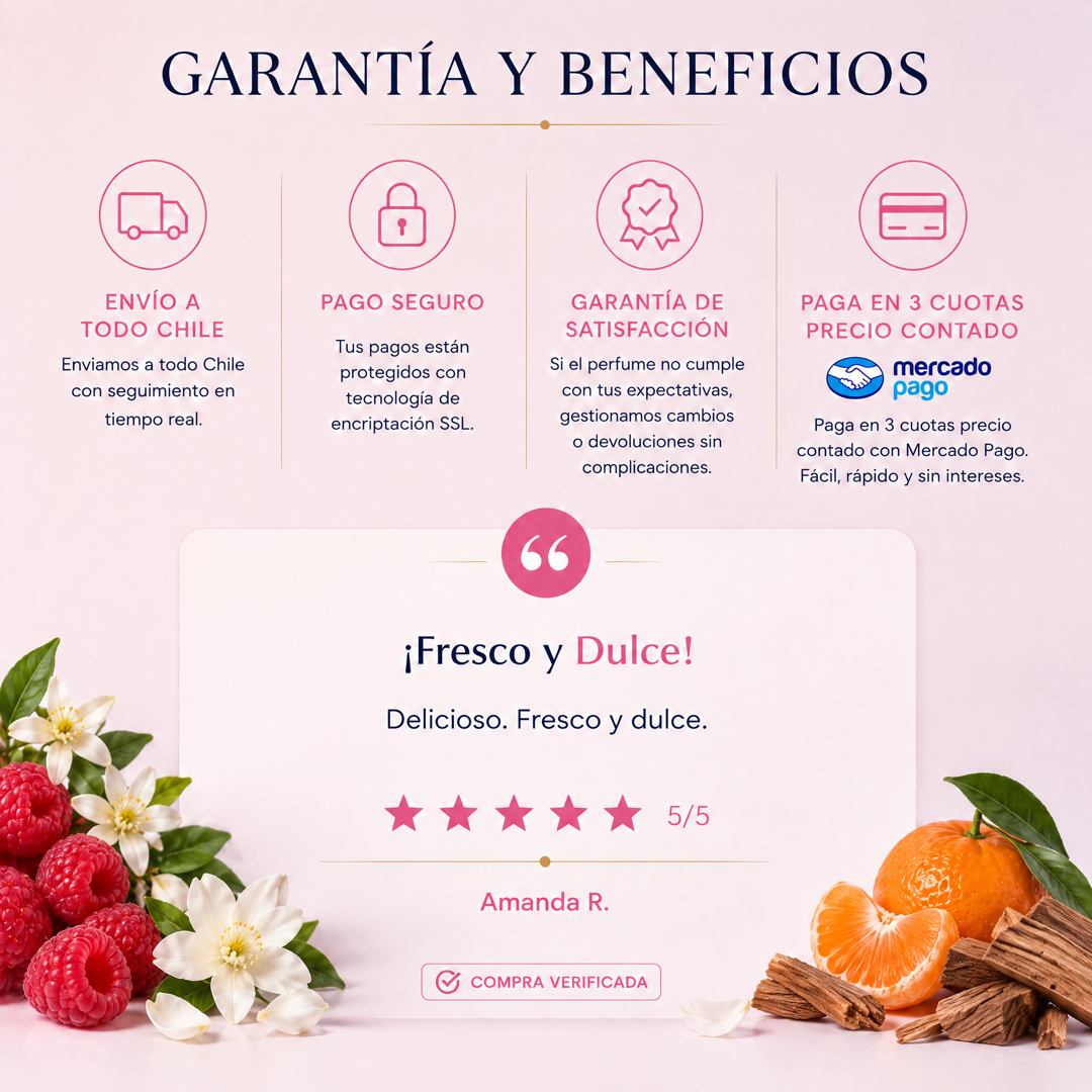 Garantía y beneficios con reseña de cliente, perfume inspirado en 212 Heroes for Her
