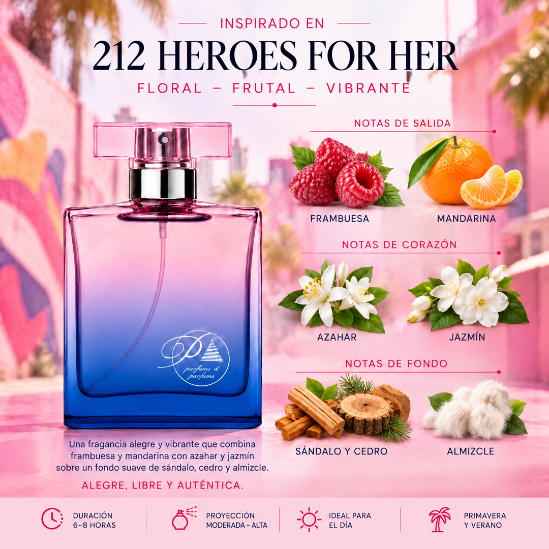 Notas olfativas del perfume inspirado en 212 Heroes for Her: frambuesa, mandarina, azahar, jazmín, sándalo, cedro y almizcle