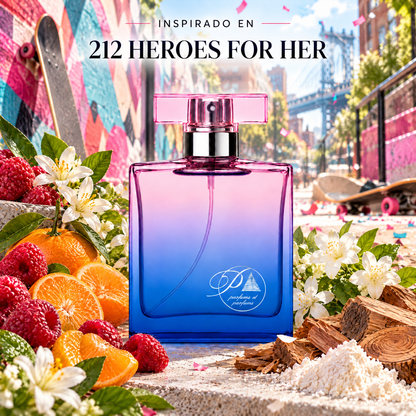 Perfume de mujer inspirado en 212 Heroes for Her con frambuesa, mandarina, azahar, jazmín y sándalo