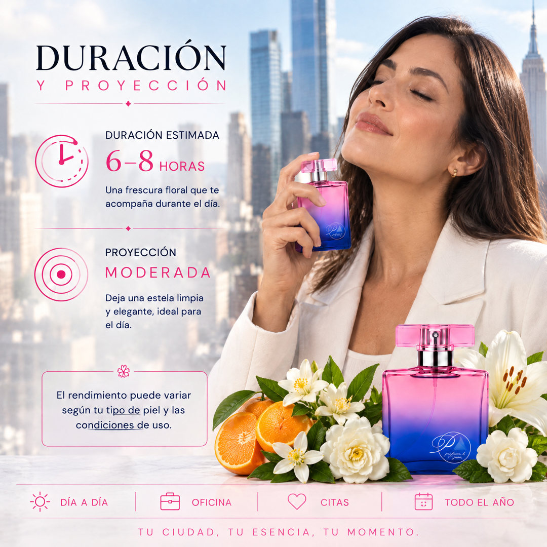 Duración de 6 a 8 horas y proyección moderada del perfume de mujer inspirado en 212 NYC