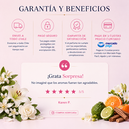 Garantía y beneficios con reseña de cliente, perfume inspirado en 212 NYC