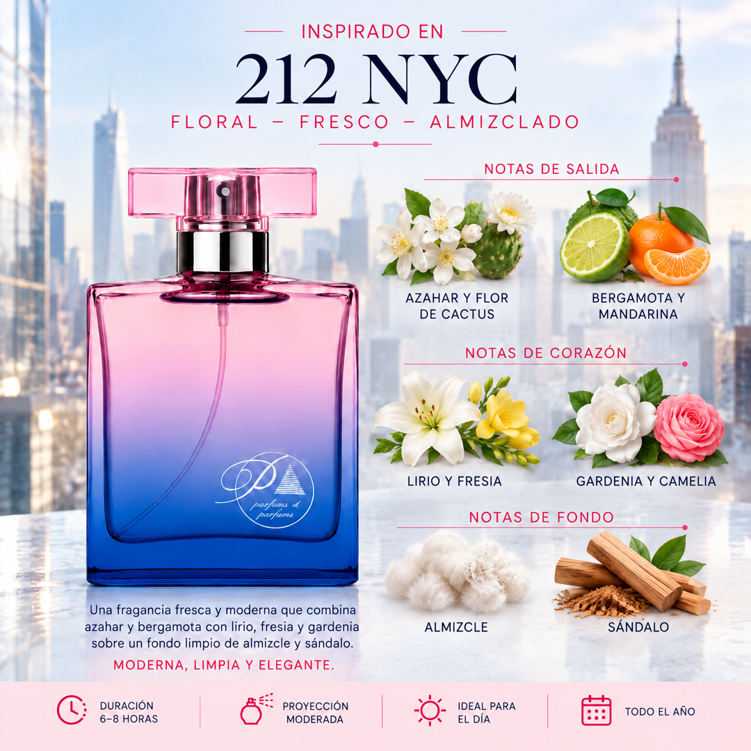 Notas olfativas del perfume inspirado en 212 NYC: azahar, flor de cactus, bergamota, mandarina, lirio, fresia, gardenia, camelia, almizcle y sándalo