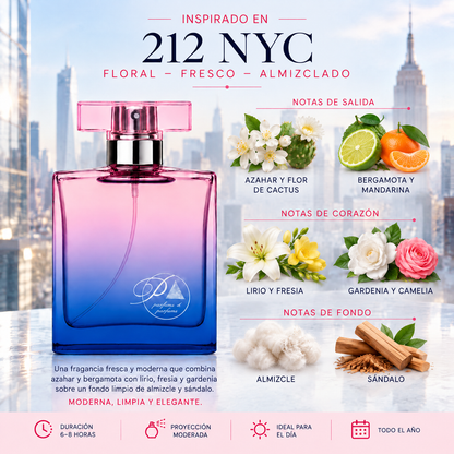 Notas olfativas del perfume inspirado en 212 NYC: azahar, flor de cactus, bergamota, mandarina, lirio, fresia, gardenia, camelia, almizcle y sándalo