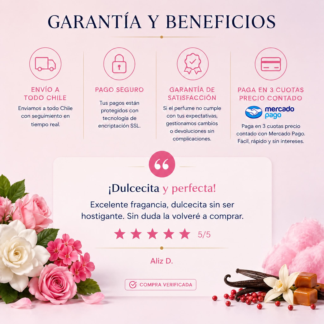 Garantía y beneficios con reseña de cliente, perfume inspirado en 212 Sexy