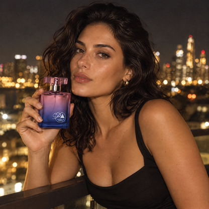 Mujer en un rooftop de noche con el perfume inspirado en 212 Sexy de Perfumes Inferno
