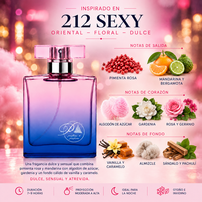 Notas olfativas del perfume inspirado en 212 Sexy: pimienta rosa, mandarina, algodón de azúcar, gardenia, rosa, vainilla, caramelo y almizcle