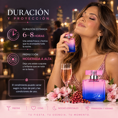 Duración de 6 a 8 horas y proyección moderada a alta del perfume de mujer inspirado en 212 VIP Rosé