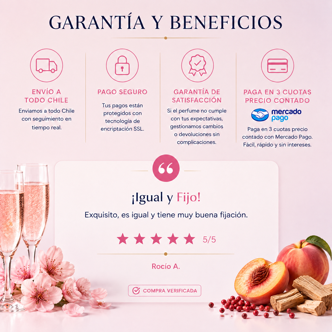 Garantía y beneficios con reseña de cliente, perfume inspirado en 212 VIP Rosé