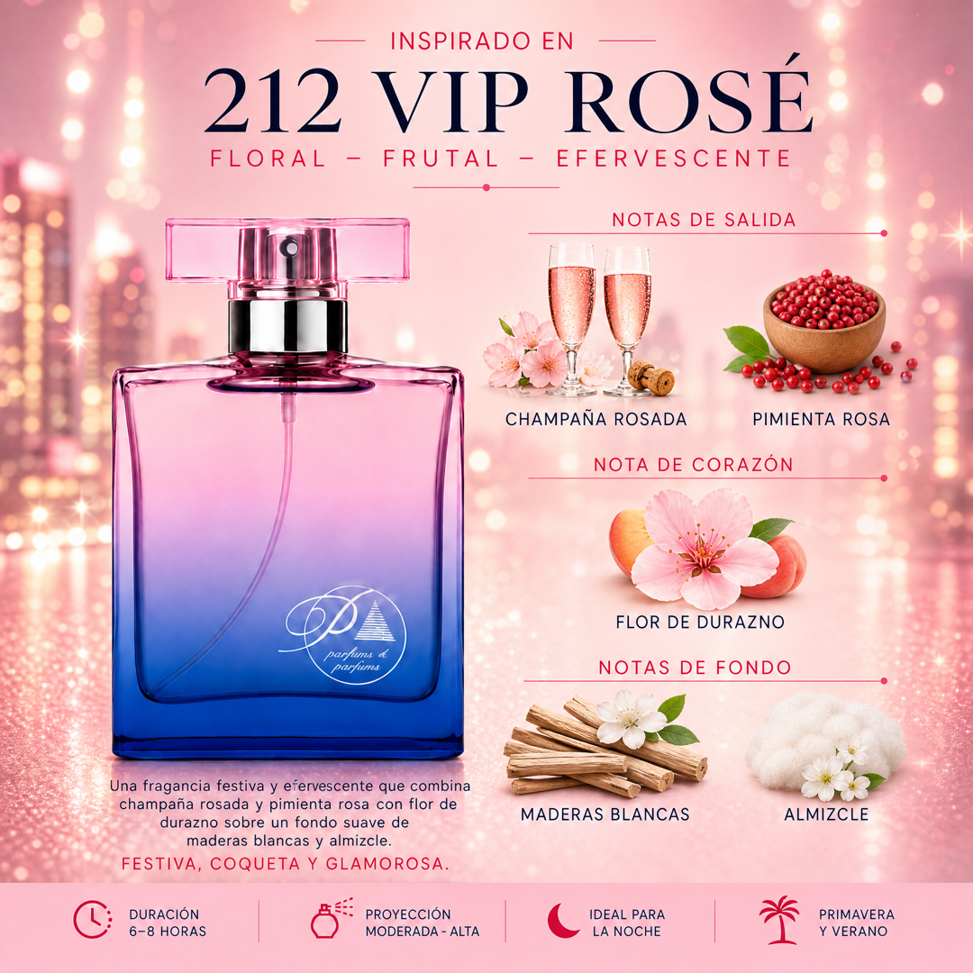 Notas olfativas del perfume inspirado en 212 VIP Rosé: champaña rosada, pimienta rosa, flor de durazno, maderas blancas y almizcle