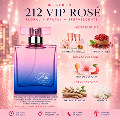 Notas olfativas del perfume inspirado en 212 VIP Rosé: champaña rosada, pimienta rosa, flor de durazno, maderas blancas y almizcle