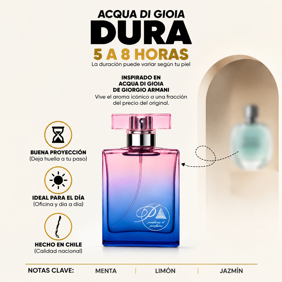 Perfume inspirado en Acqua di Gioia con duración de 5 a 8 horas
